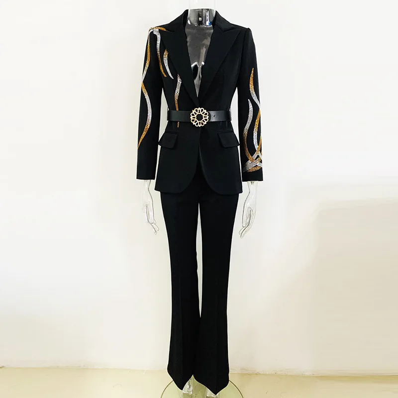 Diamonds Beading Plus Size Pant Suit Women Flare Pant Short Belted Blazer Two Pieces Set Outfit Black