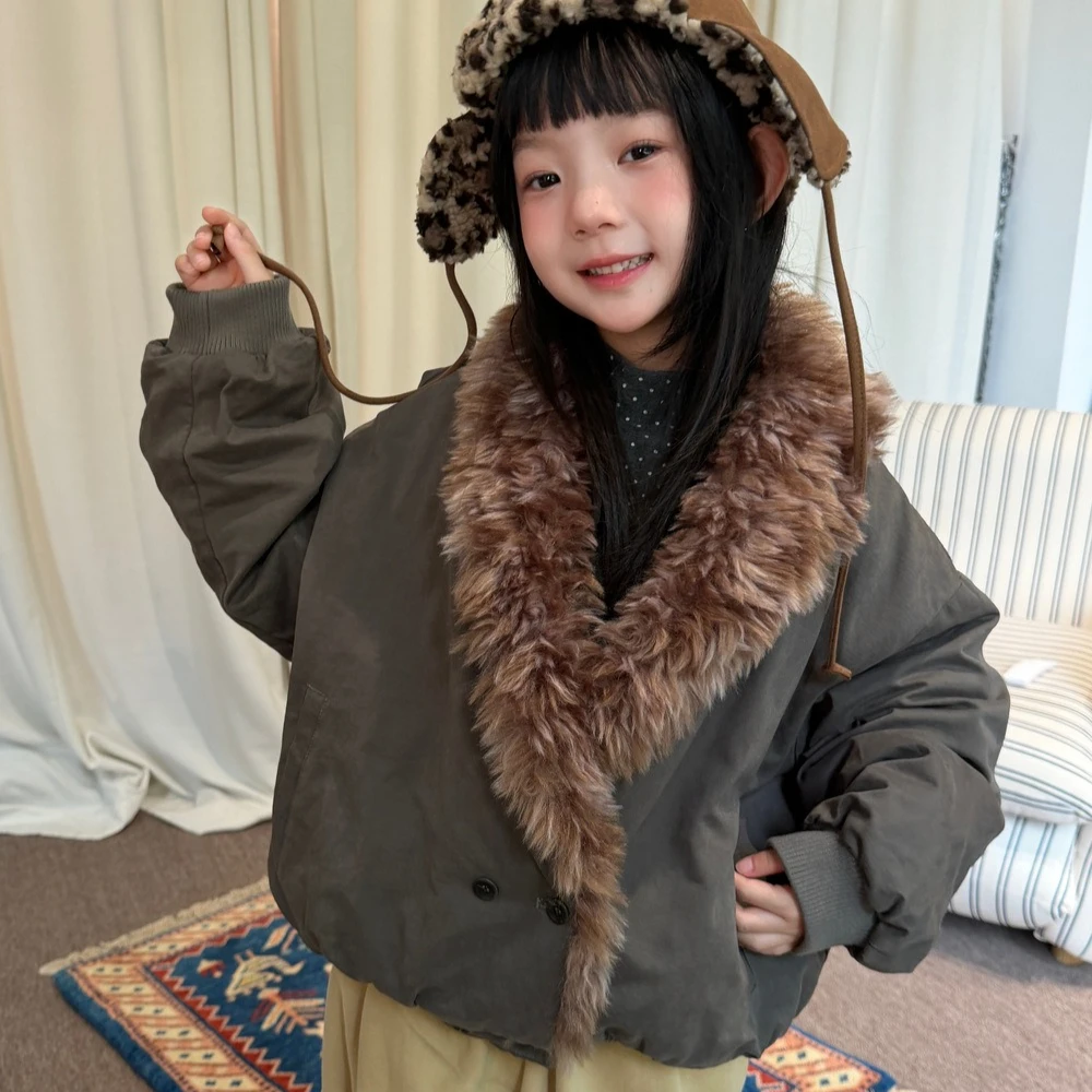 Girls' Coat 2026 Autumn and Winter New Children's Clothing Korean Style Girl Baby Thick Wool Turn Over Collar Cotton Coat