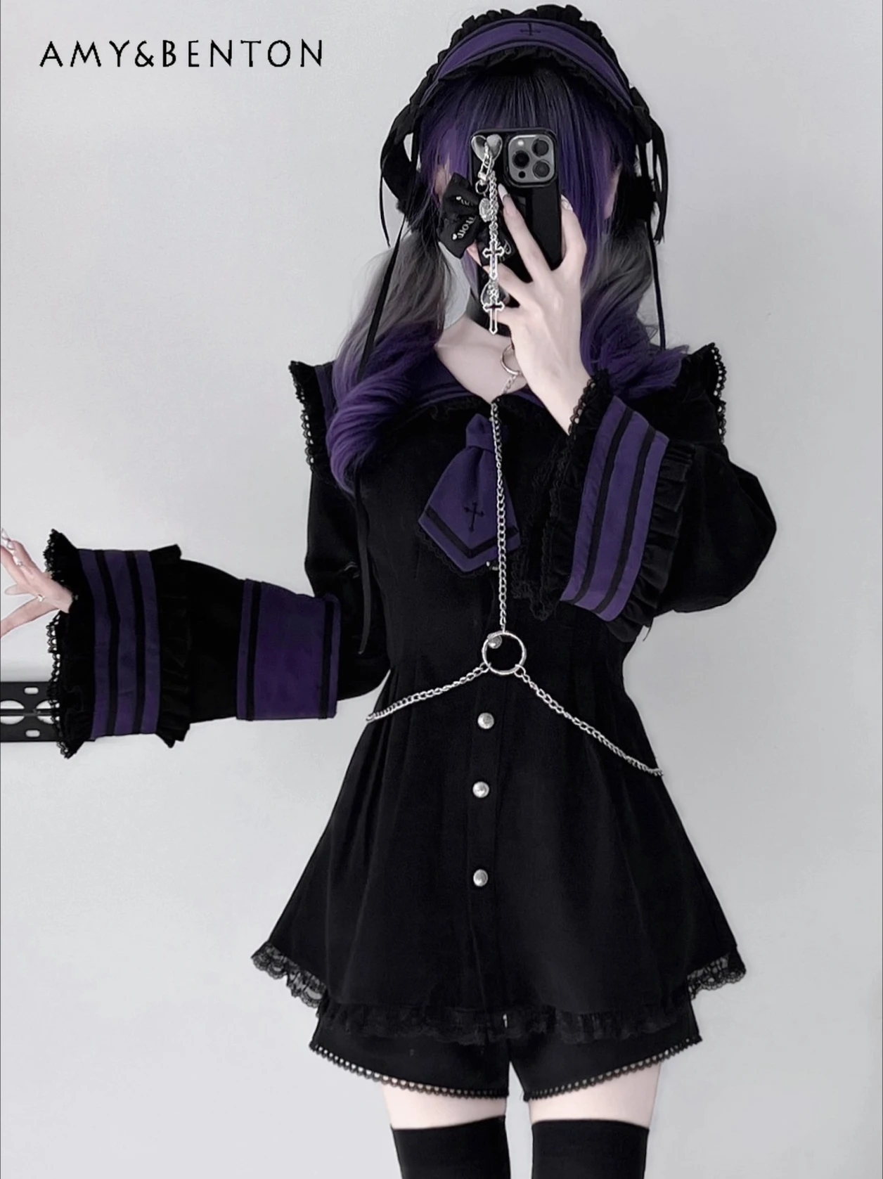 

Mine Series Lolita Gothic Sailor Suit Square Collar Tie Sets Original Japanese Subculture Mass-Produced Long Sleeve Dress Shorts