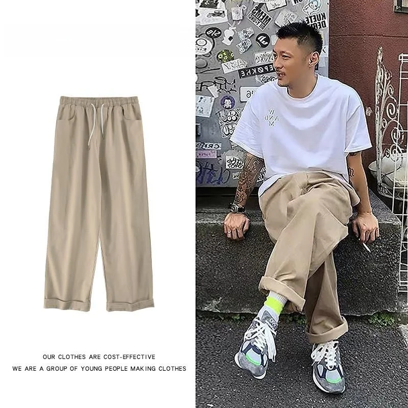 

Men's Straight Leg Loose Fit Workwear Pants Spring Season Japanese Style Retro Wide Leg Long Trousers American Casual Pants