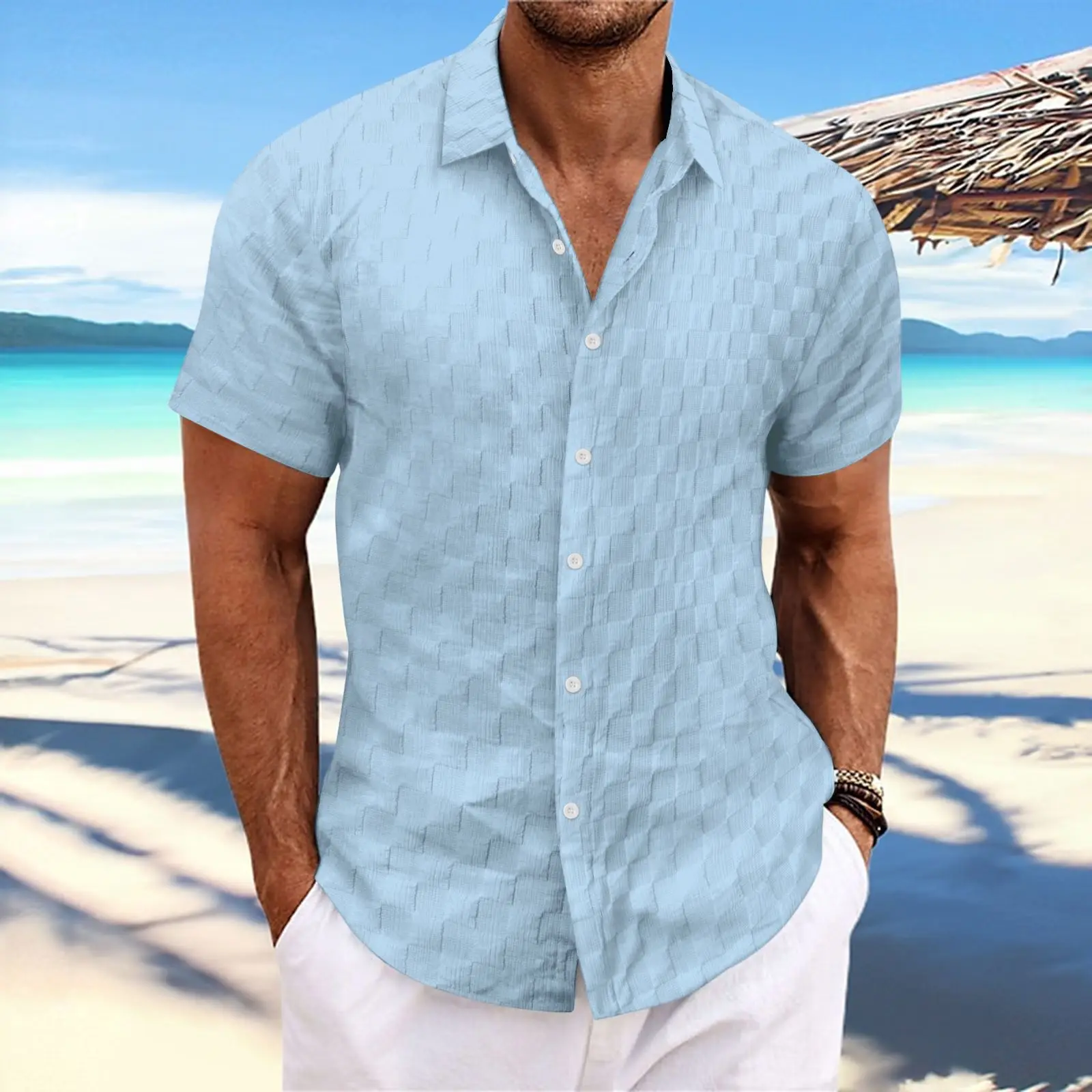 Summer Men's Fashion Plaid Jacquard Short-sleeved Shirt Casual Daily Outdoor Beach Comfortable Breathable Cool Trend Lapel Tops