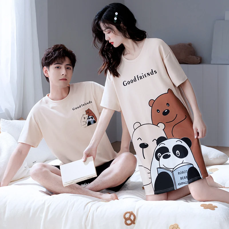 High Quality Couple Pajama Set Summer 100% Cotton Pyjamas Men Short Sleeve Pijamas Women Nightgown Lovers Cute Cartoon Sleepwear