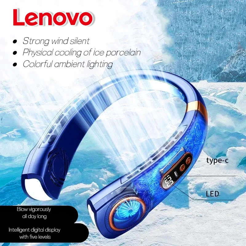 Lenovo Hanging Neck Fan Portable Bladeless Neck Fan Air Cooler Digital Display Rechargeable Air Conditioner Neck Ventilator 2026