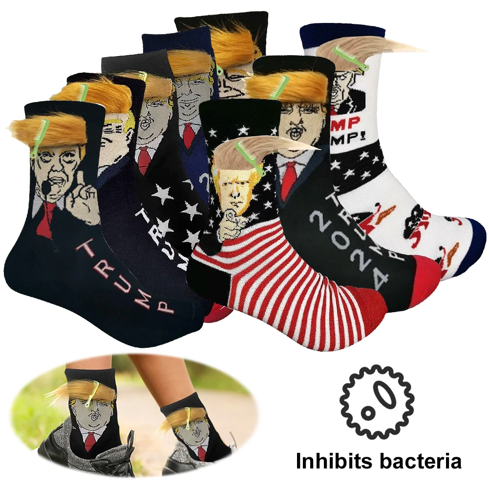 

2024 President Donald Trump Spoof Funny Socks with 3D Fake Hair Crew Socks Compression Socks Skateboard Long Socks for Men Women