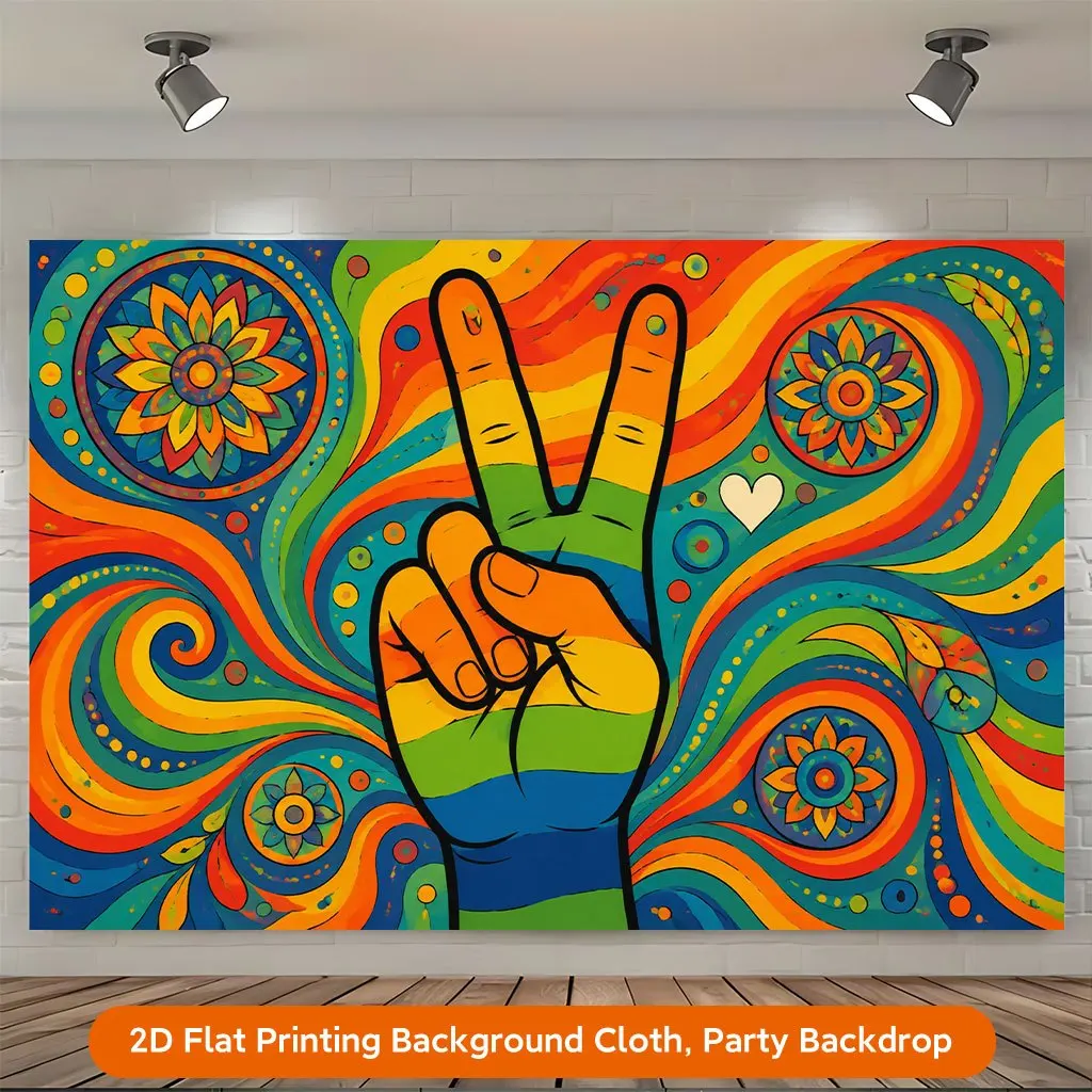 Rainbow Peace Sign Hand Psychedelic Swirls Mandala 2D Flat Tapestry Backdrop For Hippie Room Decor Boho Wall Hanging Art Print