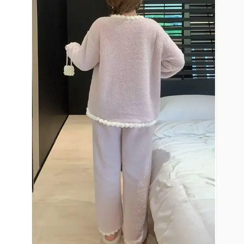 الأميرة الدانتيل المرجان الخامس الرقبة المخملية منامة مجموعات فتاة طويلة الأكمام الحلو Kawaii الترفيه ارتداء الدفء الخريف الشتاء الملابس جديد