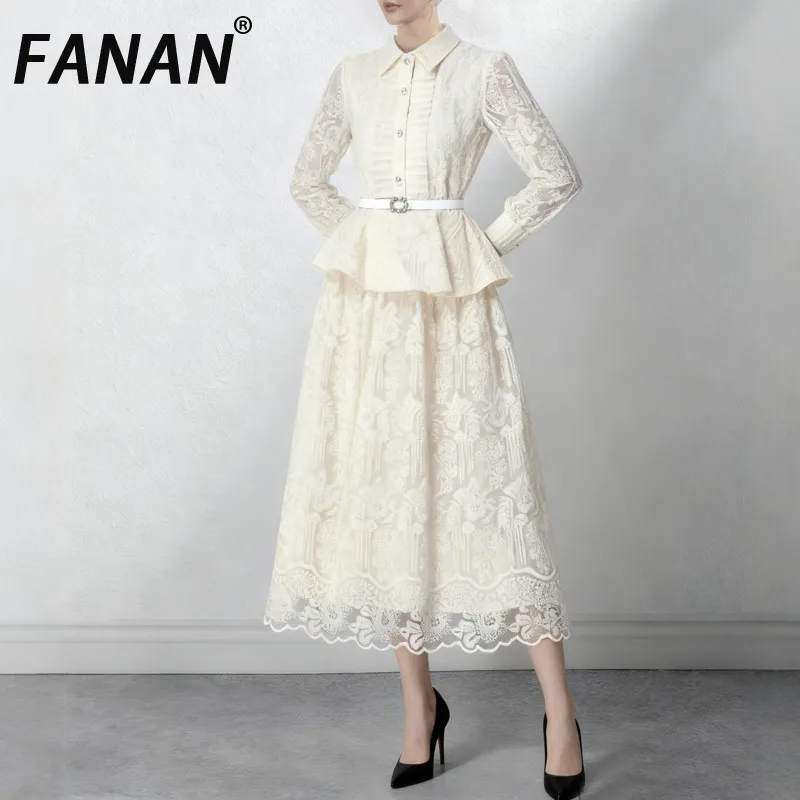 

FANAN French Style Lace Design 2 Piece Set For Women Belt Gathered Waist Tops + High Waist A-line Skirts 2026 Spring New