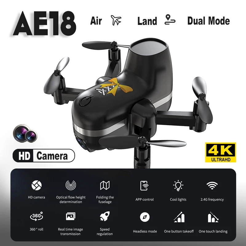

AE18 Mini Drone Hd Dual Camera Aerial Shot 360° Roll Optical Flow Set Height Land And Air Dual Mode Rc Dron For Children Toys