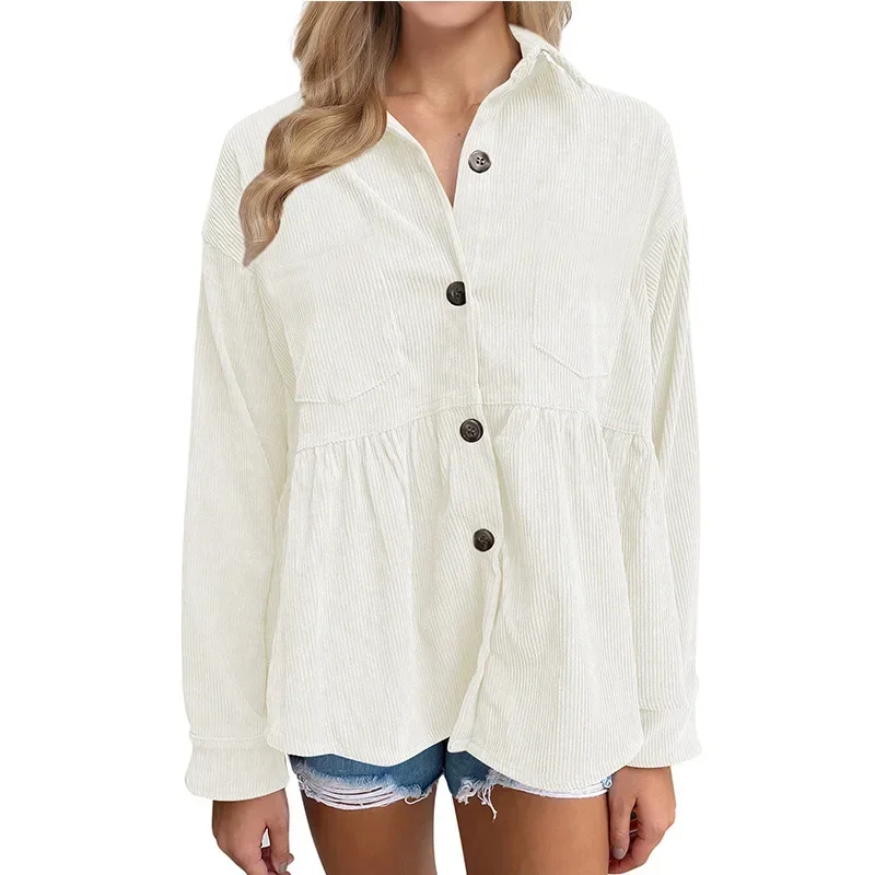 

Women's Spring Autumn Long Sleeve Top Casual Loose Corduroy Shirt 2 Pocket Single-breasted T-shirt Women's Top With Sleeves New