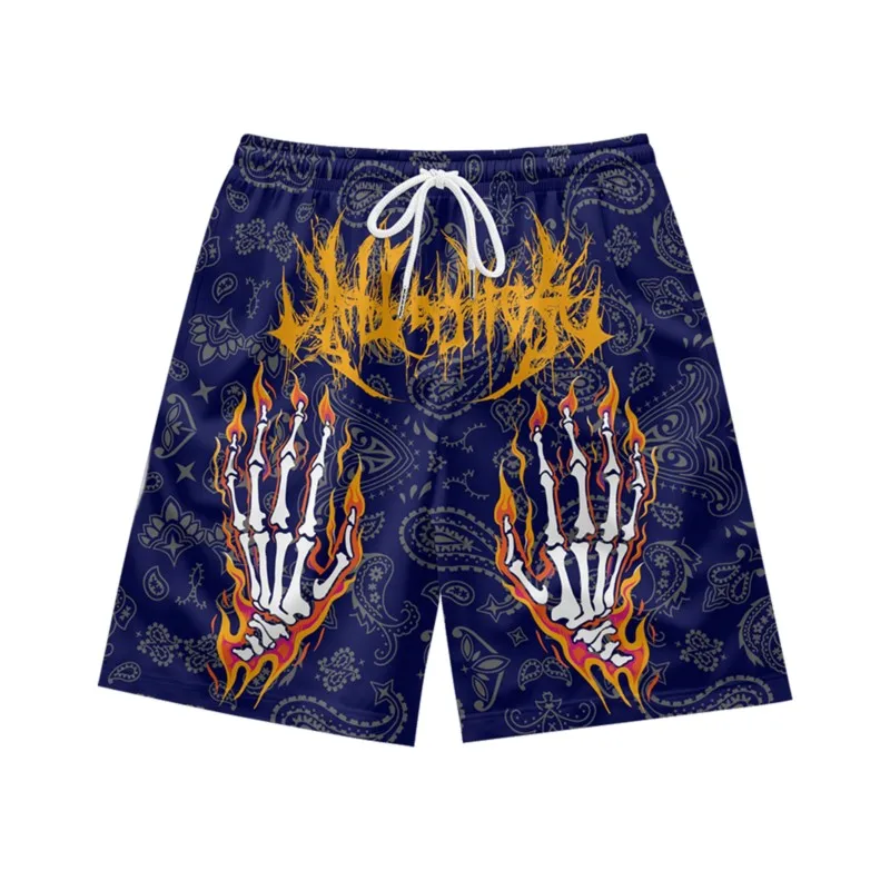 Burning Skeleton Fingers Print Men's Indigo Breathable Quick Dry Drawstring Waist Shorts Casual Polyester Sport Shorts For Men