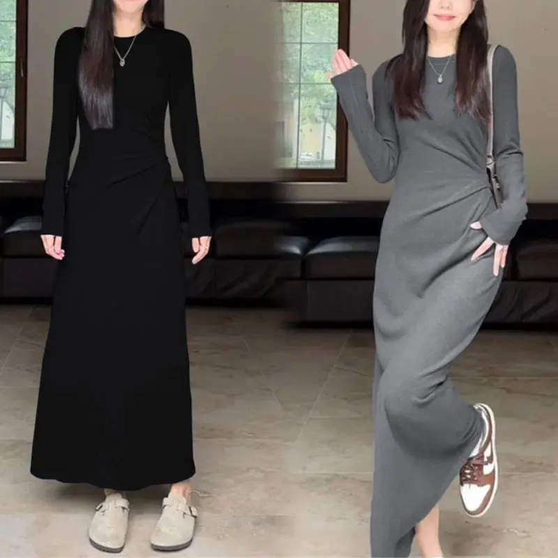 

French Style Bag Hip Dresses Autumn Winter Slim Aura Stylish Folds Female Clothing Solid Color Basic Casual O-Neck Long Dress