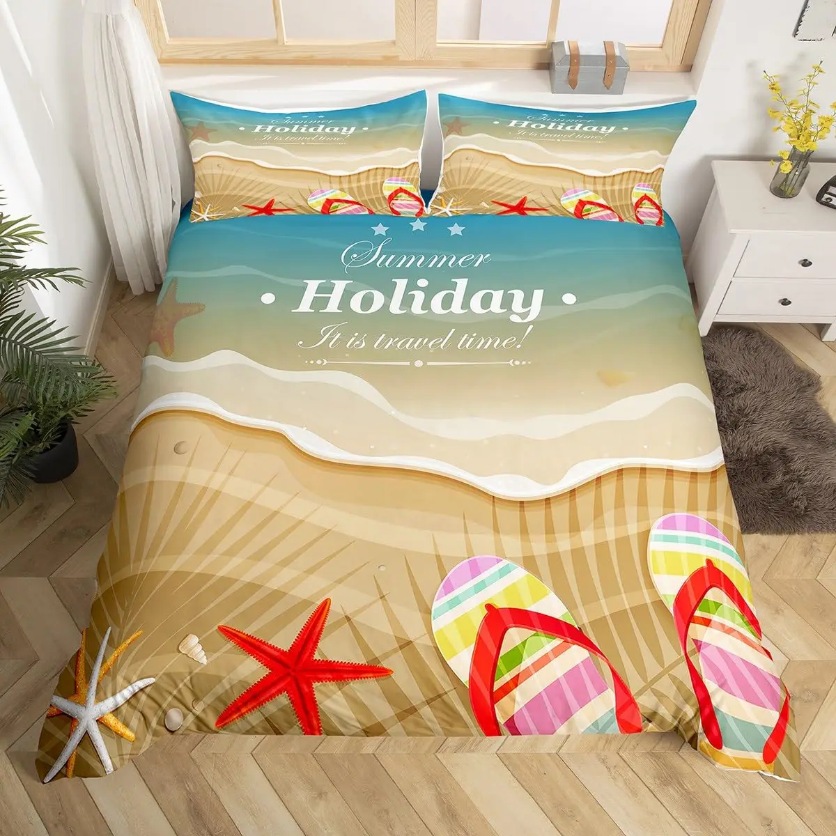 Summer Hawaii Beach Duvet Cover Full Ocean Bedding Set for Boys Girls, Cute Flip Flops Slippers Conch Starfish Comforter Cover