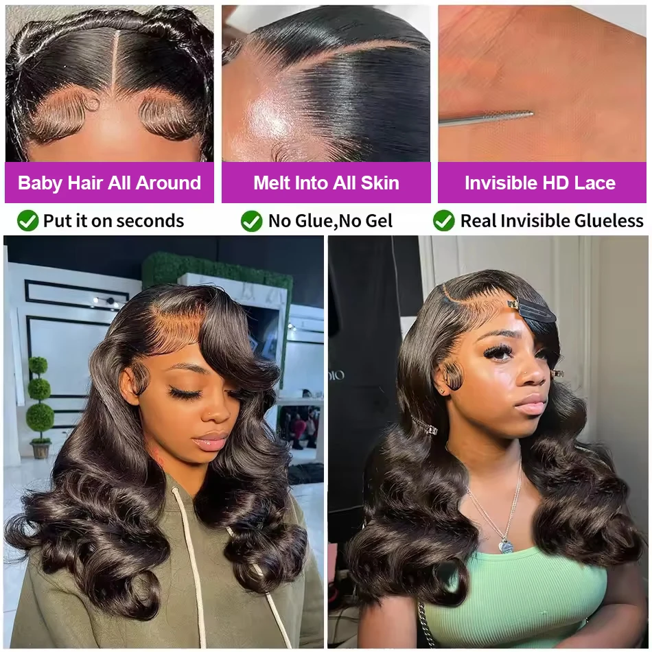 Wig Rambut Asli Tanpa Lem Deep Wave 13x6 HD Lace Frontal Untuk Wanita, Wig Bob Tanpa Lem Body Wave, Wig Rambut Manusia Densitas 250 Siap Pakai