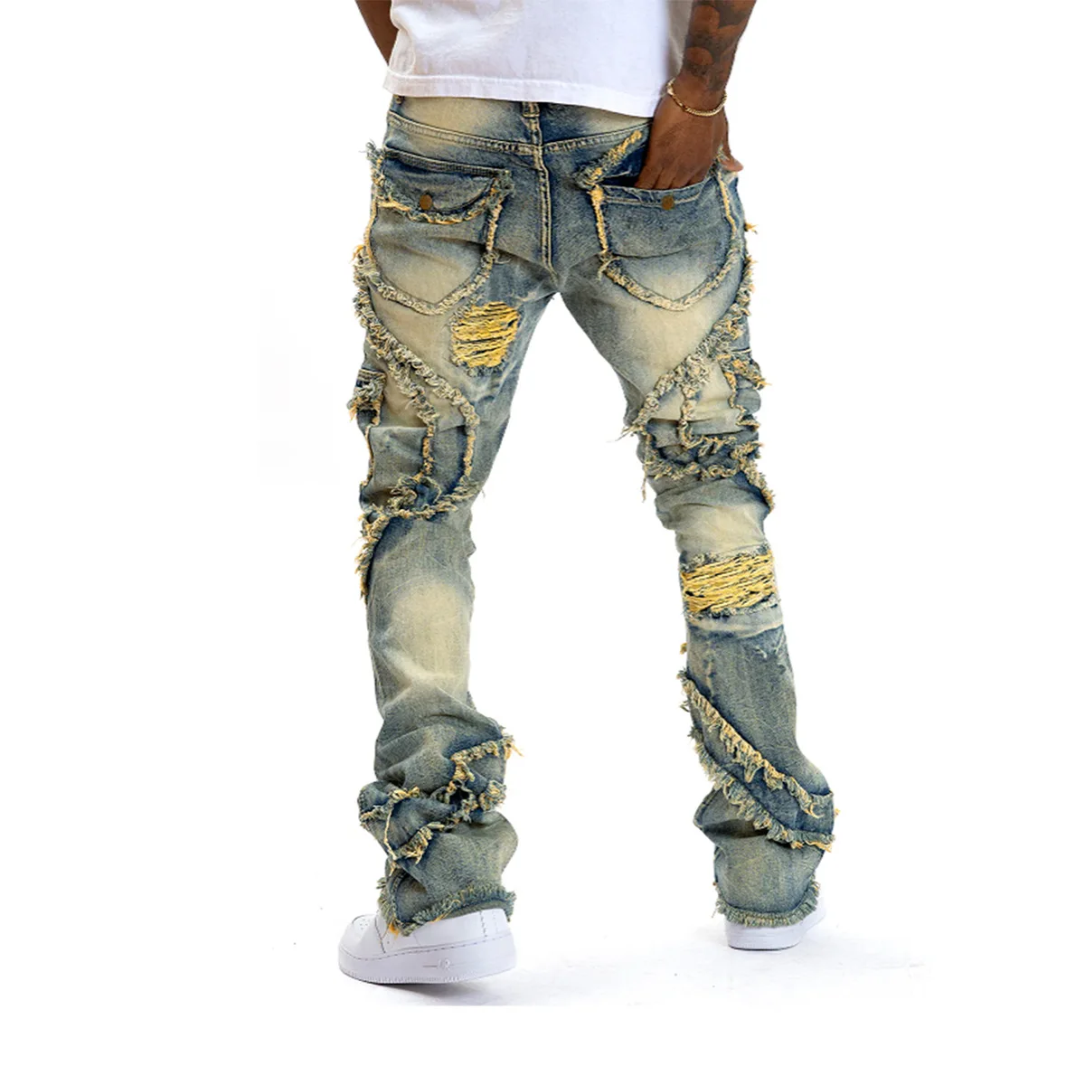 Men Ripped Stacked Jeans Distressed Slim Fit Skinny Straight Leg Jeans Fashion Hip Hop Denim Pants Casual Streetwear