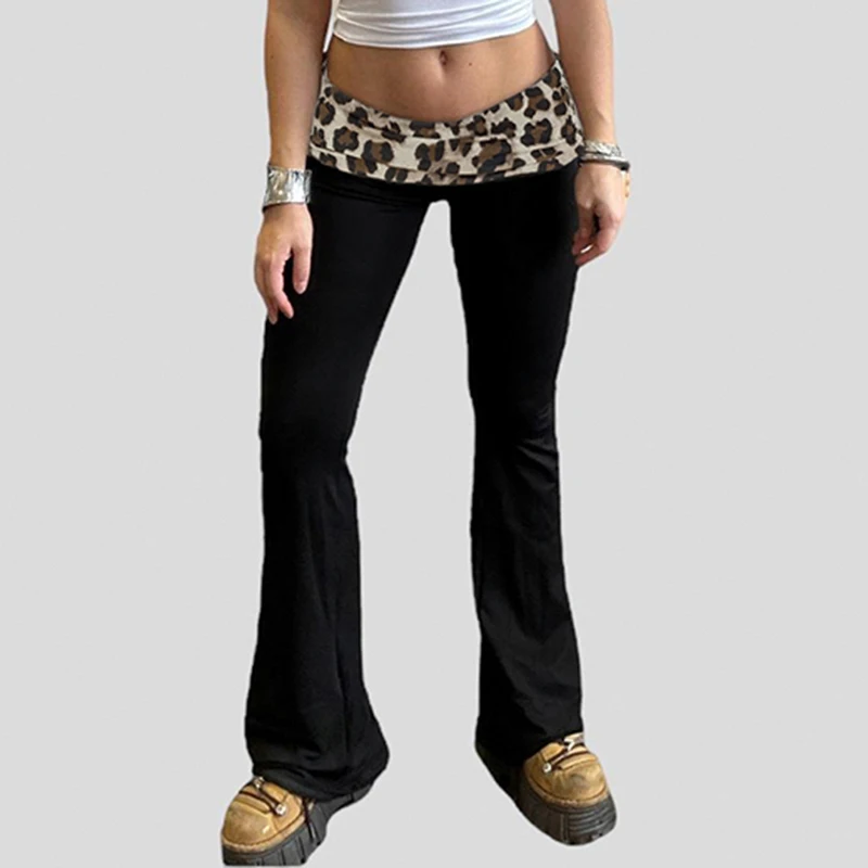 Rapcopter Leopard Patchwork Pants Women Vintage Slim Flare Trousers Streetwear y2k Fashion Sweatpants Casual Grunge Clothes New