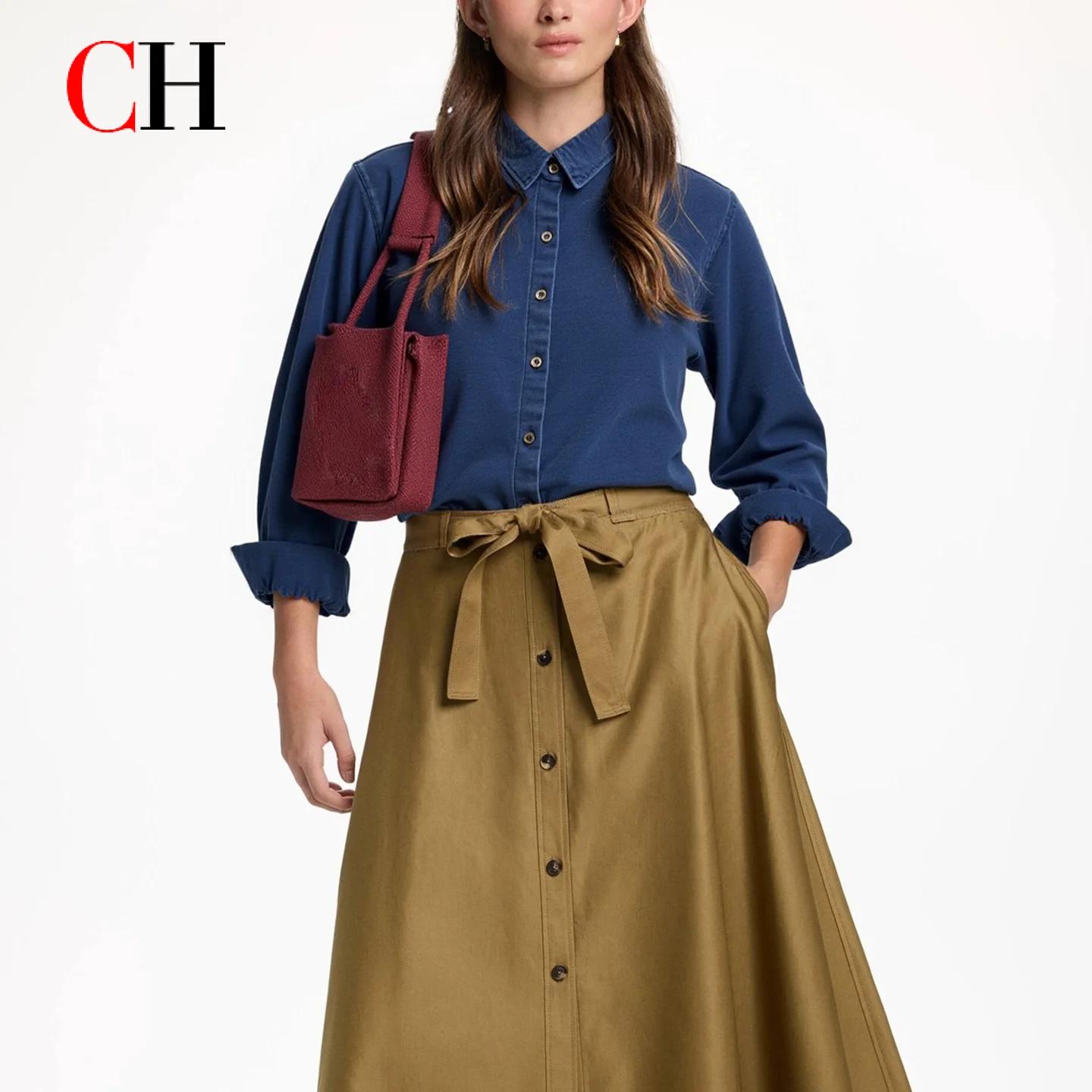 CH Embroidered Denim Long Sleeve Shirt Women Point Collar Regular Fit American Style Comfortable Casual Daily Tops