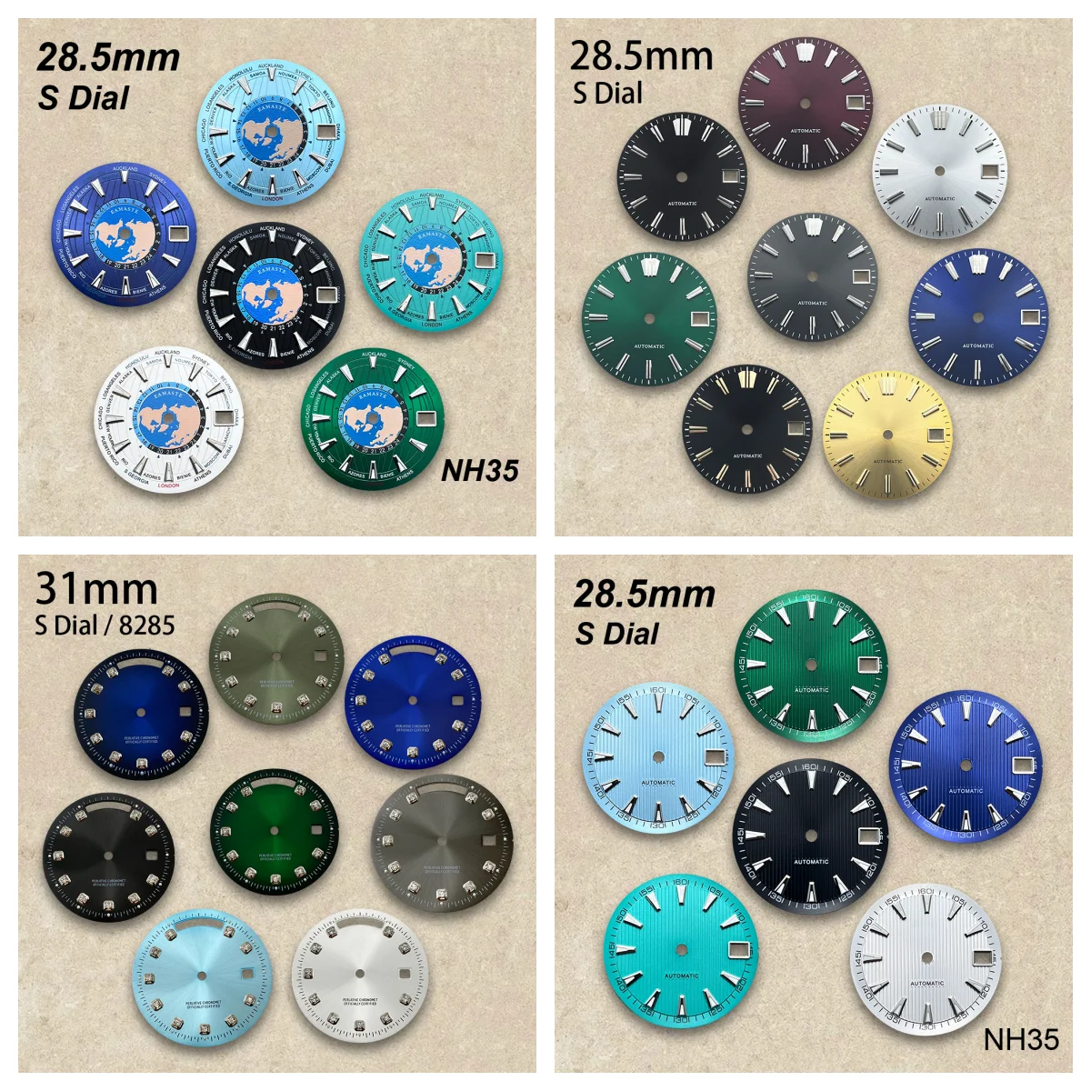 

28.5/31mm S Logo Day And Date Dial Fit NH35/8285/NH36 Movement Green Luminous Sunburst/Diamond Watch Modification Accessories