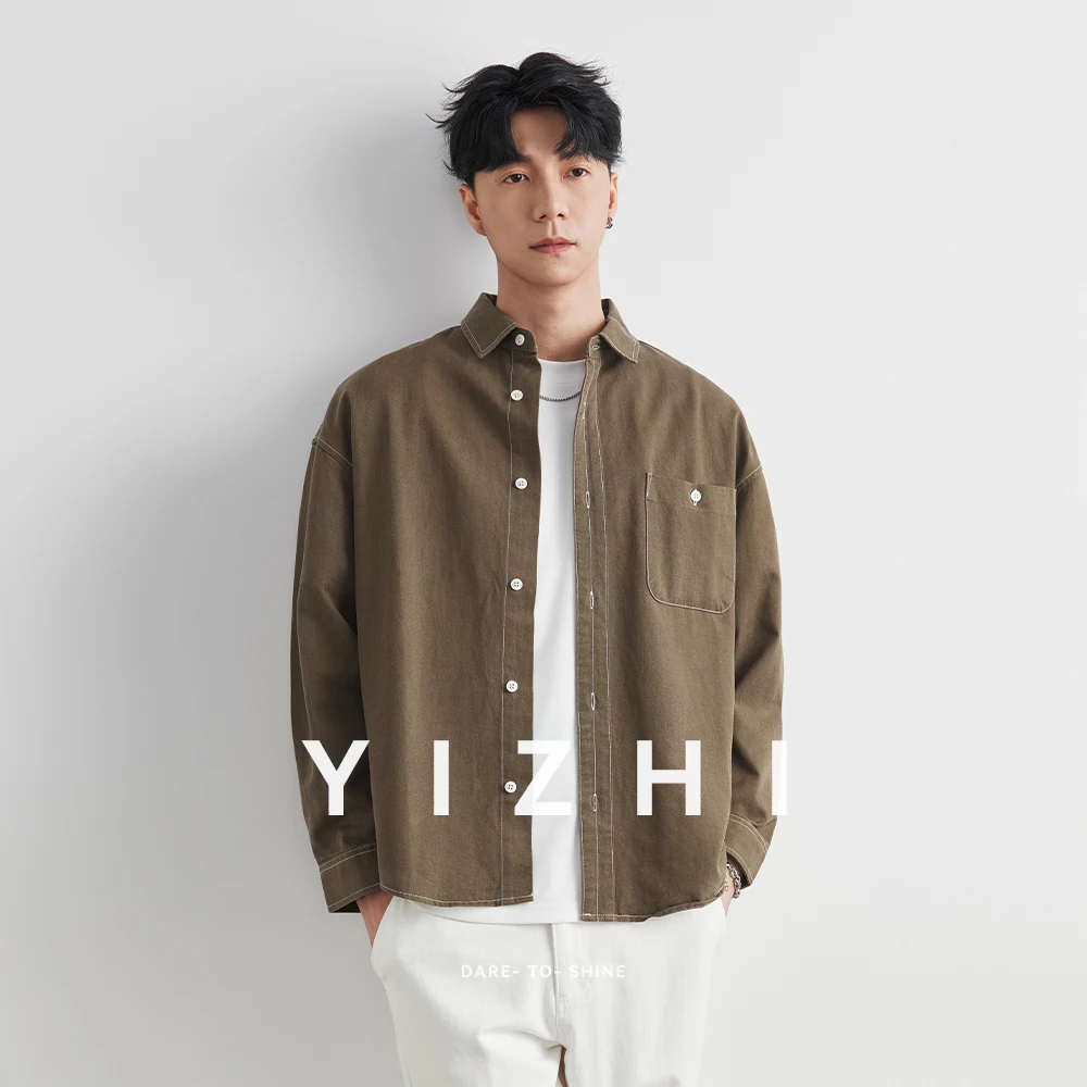 

Fashion Men's Vintage Tencel Shirt Classical Turn-down Collar Long Sleeve Shirts Solid Color Loose Blouses Men Tops Clothing