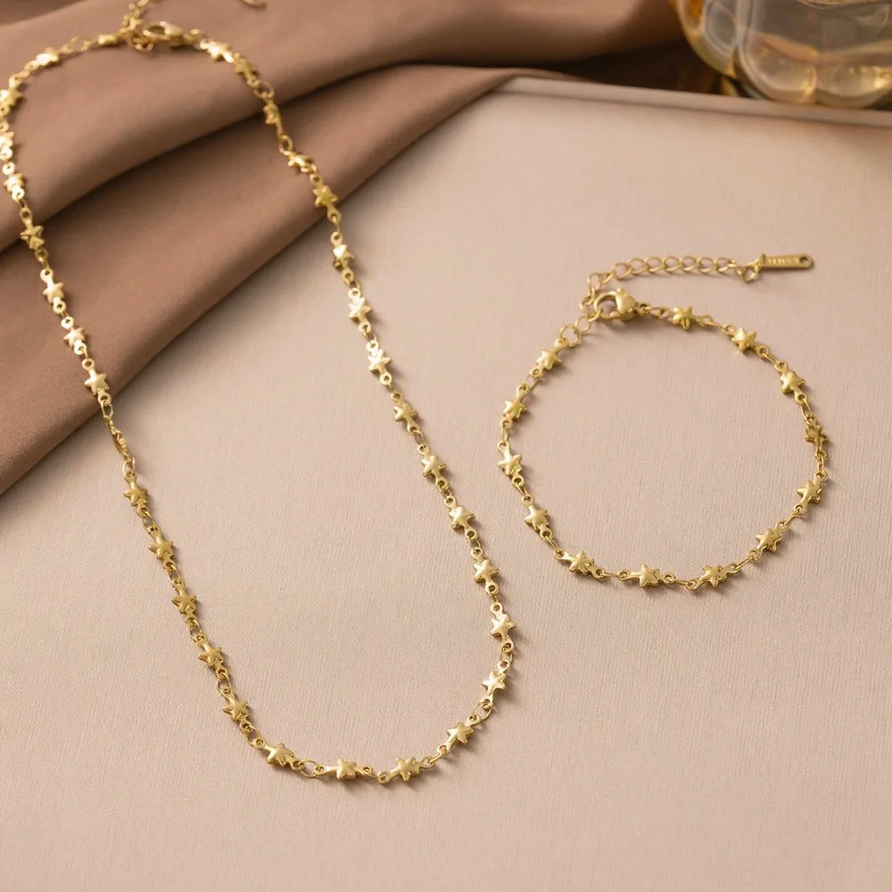 Luxury Fashion Gold Color Stainless Steel Star Link Necklace Bracelet Set for Women Exquisite Minimalism Non-fading Jewelry Sets