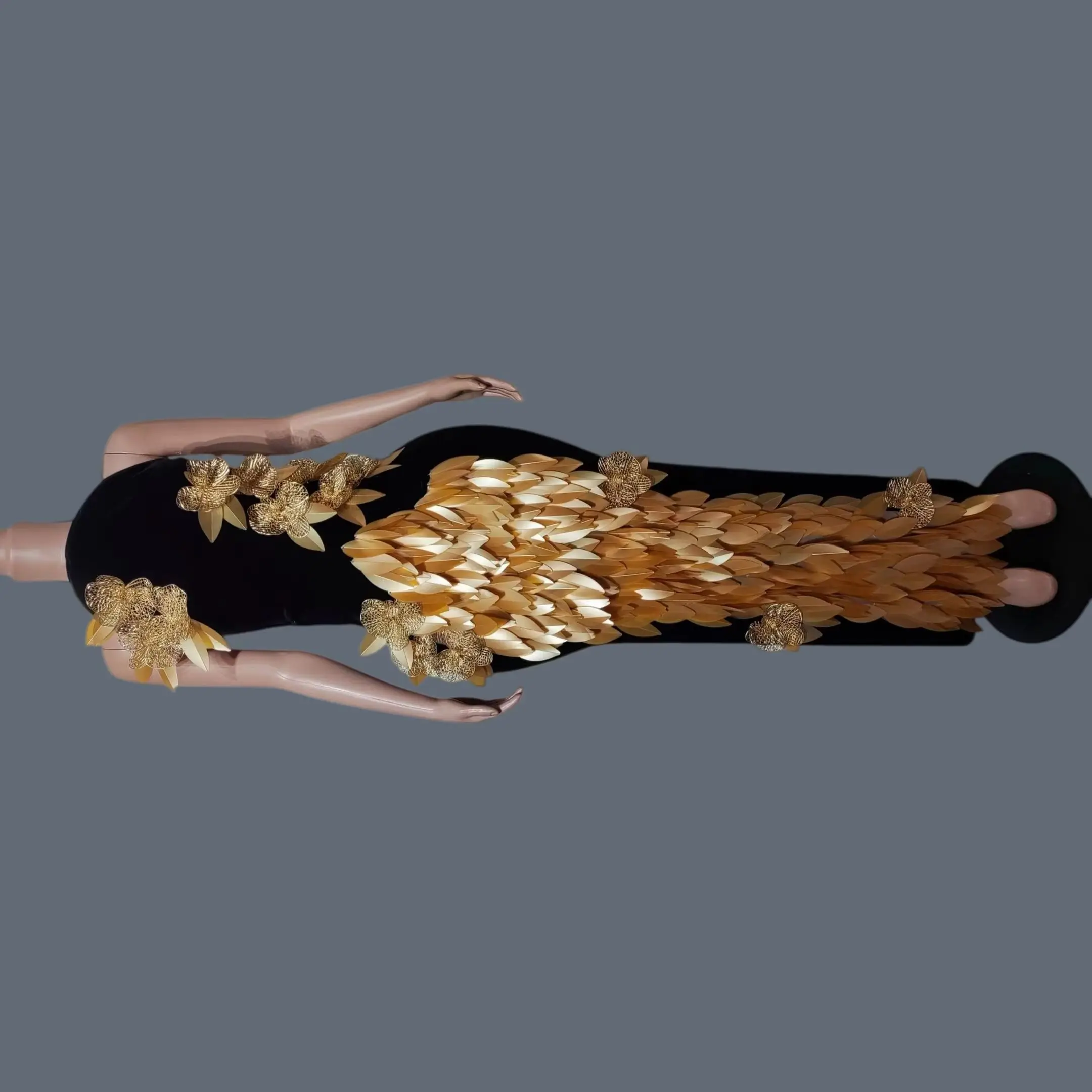 Women Sleeveless Black Velvet Mermaid Dress Gold Leaf Petal 3D Floral Club Singer Stage Performance Costume Prom Dress Zhongqiu
