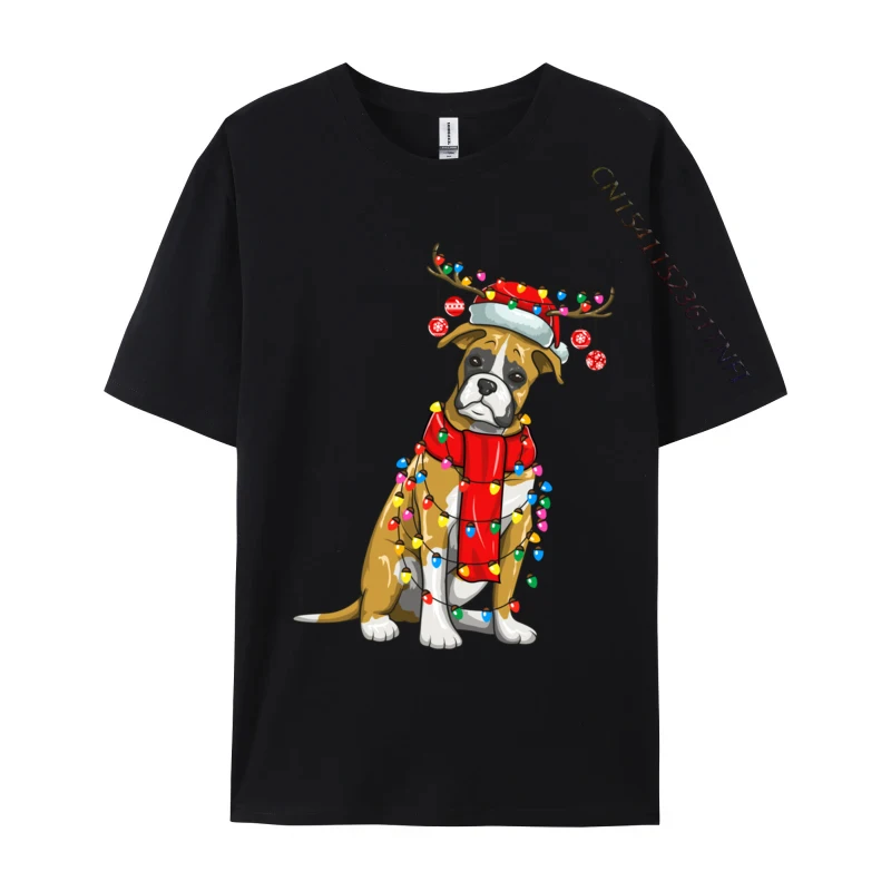 

Christmas Cute Boxer Dog Holiday Lights With Antlers T-Shirt Printed Tops Man Tees Short Sleeve Cosie T-Shirt Wholesale