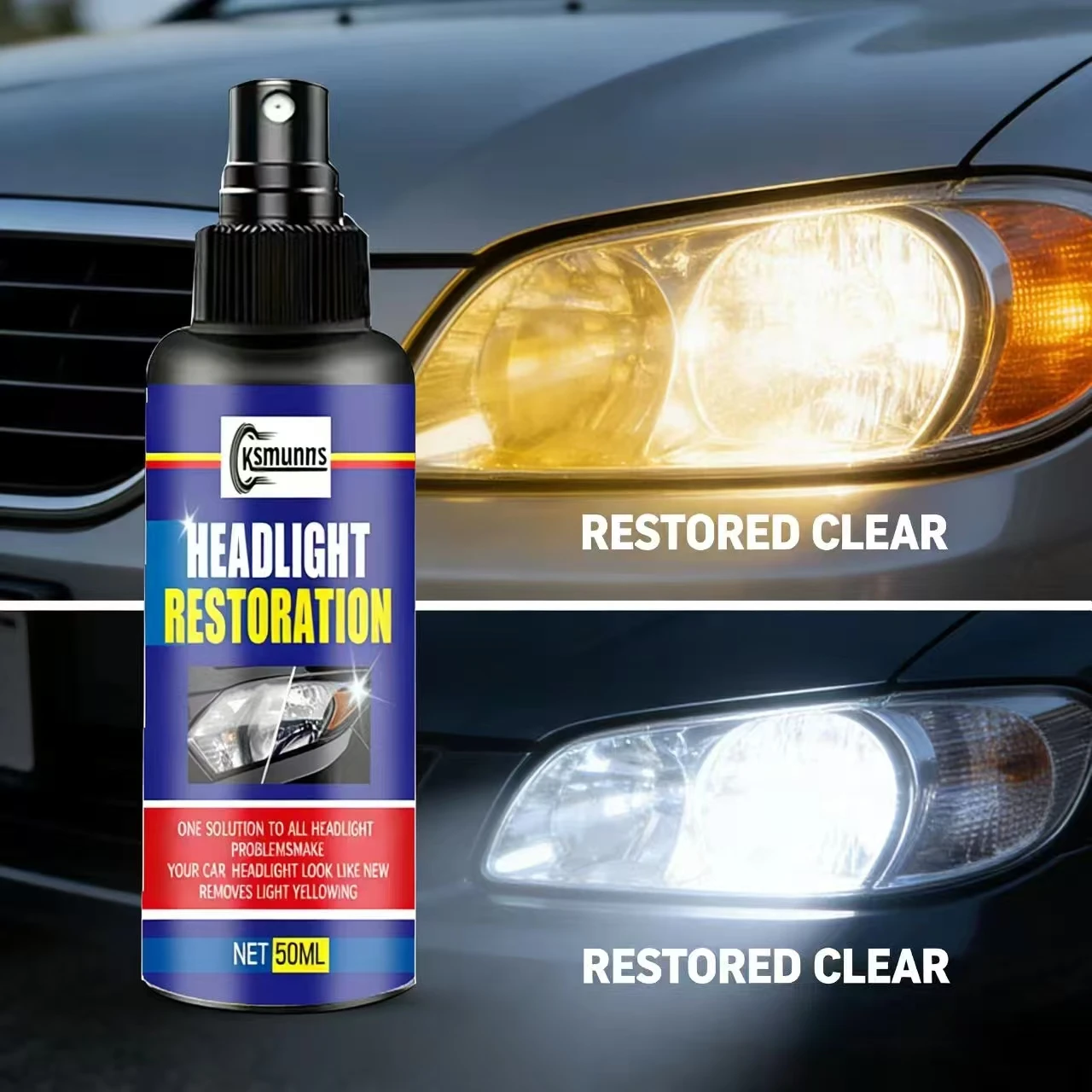 50ML Ksmunns Headlight Restoration for BMW Toyota – One Solution to All Headlight Issues, Remove Yellowing, Make Headlights Like