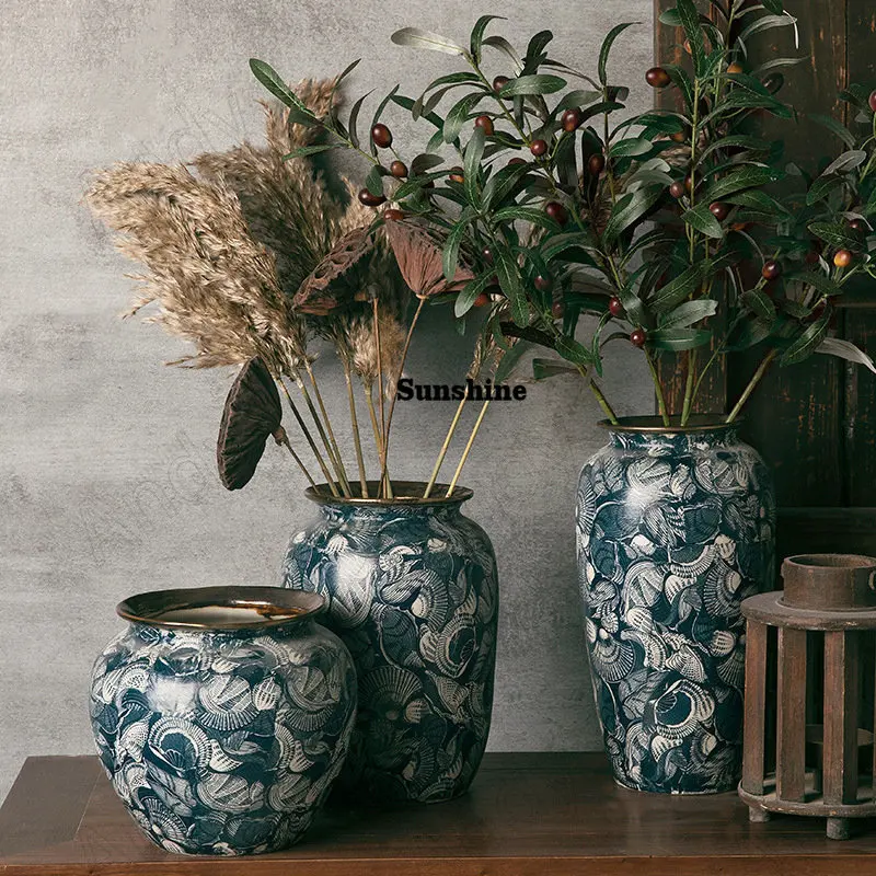Retro Ceramic Vase Handwork Blue and White Porcelain Living Room Flower Vases Gold Stroke Decorative Home Tabletop Decoration