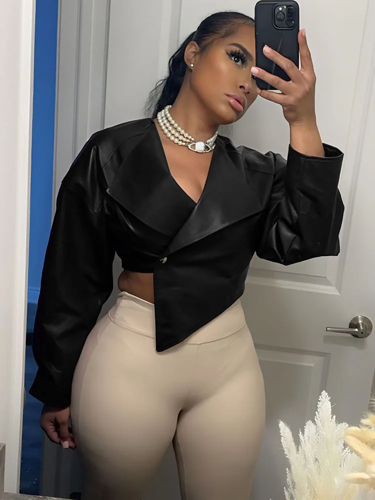 kliou PU Leather Women Jackets Cool Simple Solid Full Sleeve Irregular Lapel Slim Crop Coats Female Casual Streetwear Outwear