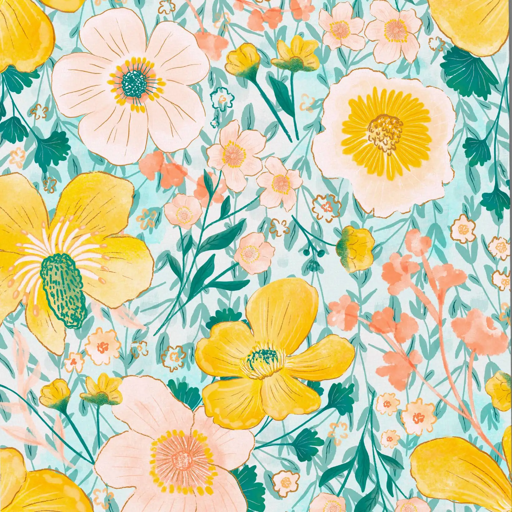 Boho Bright Yellow Floral Peel and Stick Wallpaper Watercolor Light Pink Flower Self Adhesive Wallpaper Removable Contact Paper