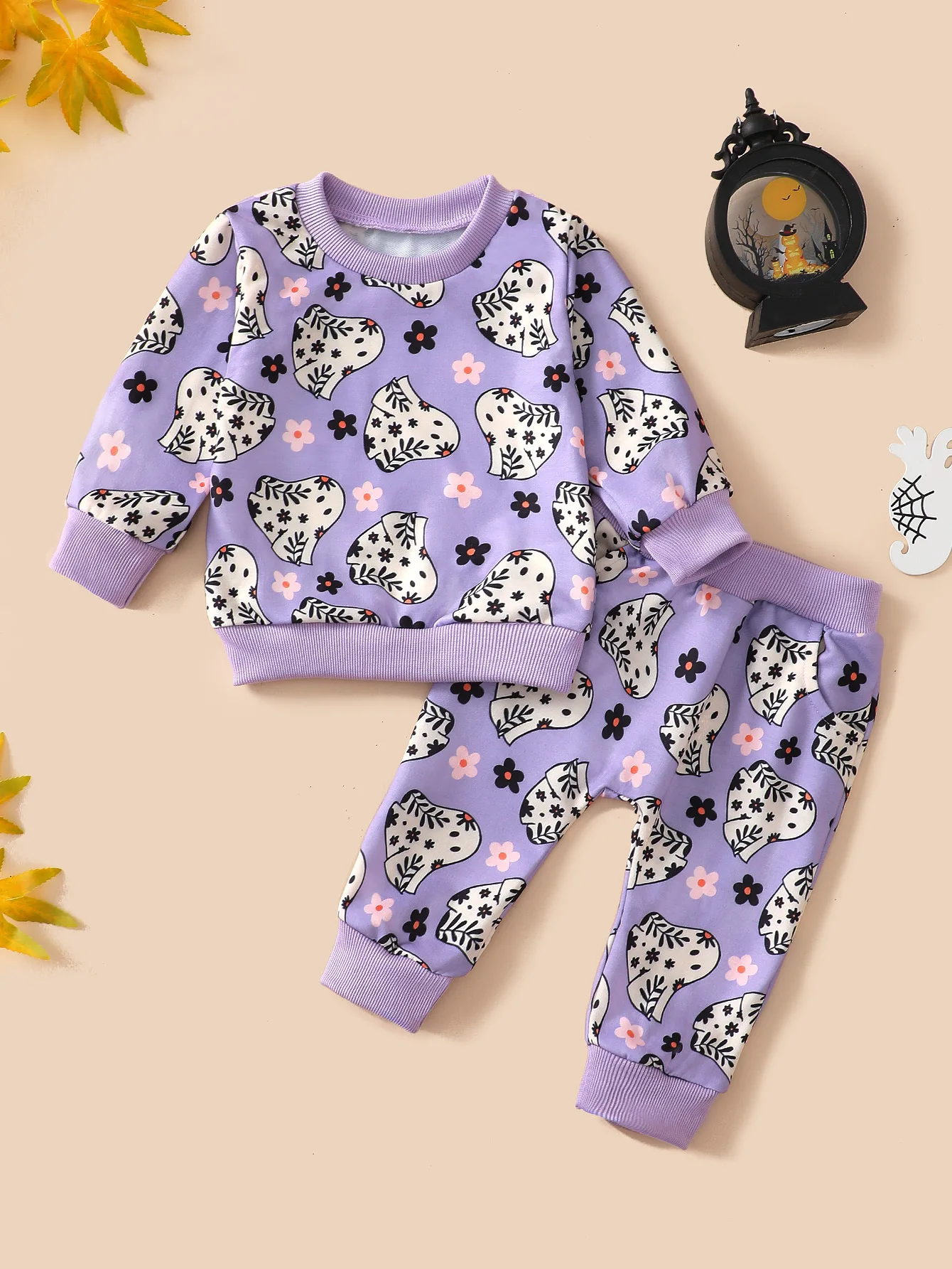 2PCS Baby Boys & Girls Cute Cartoon Ghost Print - Soft Cotton, Casual Wear, Best For Fall And Halloween Season