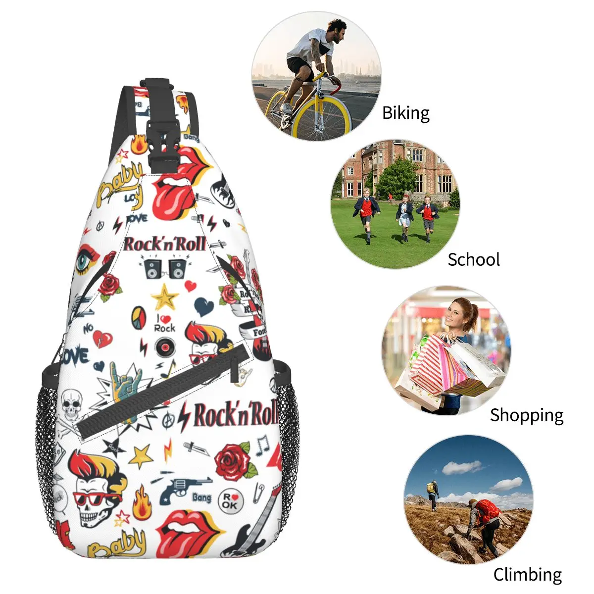 Rock N Roll Skulls Guitar Hippie Signs borse a tracolla a tracolla borsa a tracolla zaino Daypack per escursionismo viaggi sport Pack