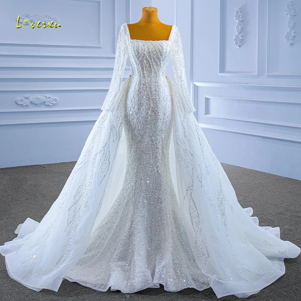 

Loverxu Mermaid Luxury Wedding Dresses 2024 Boat Neck Long Sleeve Vestido De Novia Beading Pearl Detachable Train Robe De Mariee