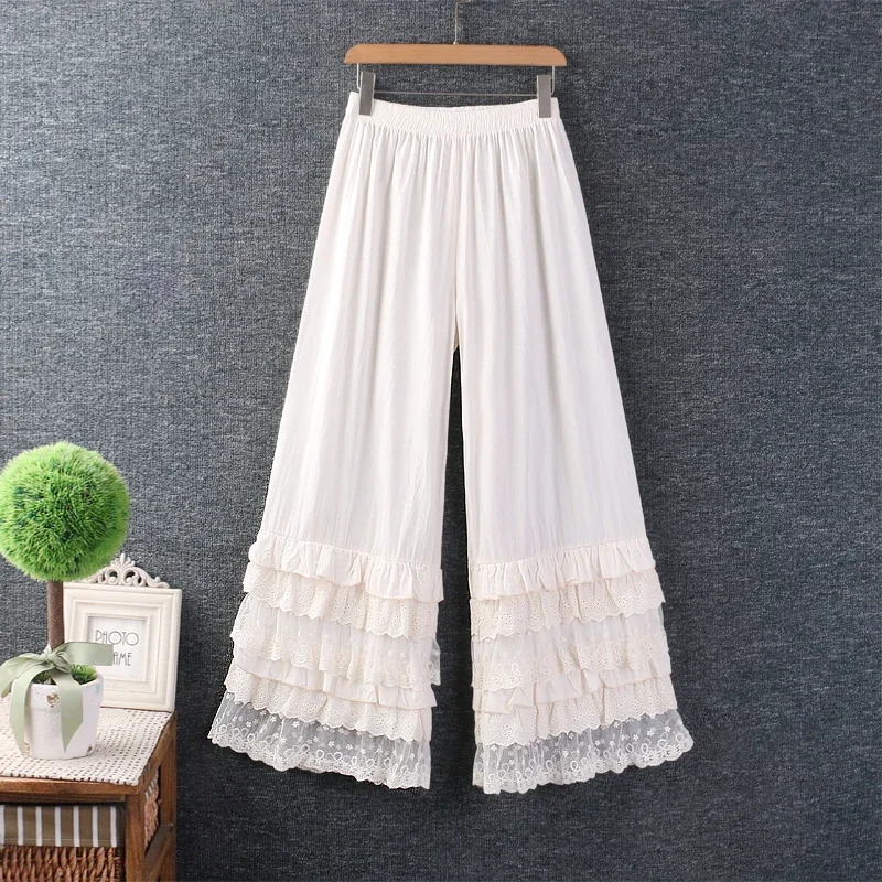 

Summer Japan Style Mori Girl Lace Embroidery Cotton and Linen Wide Leg Pants Women Elastic Waist Cropped Pants