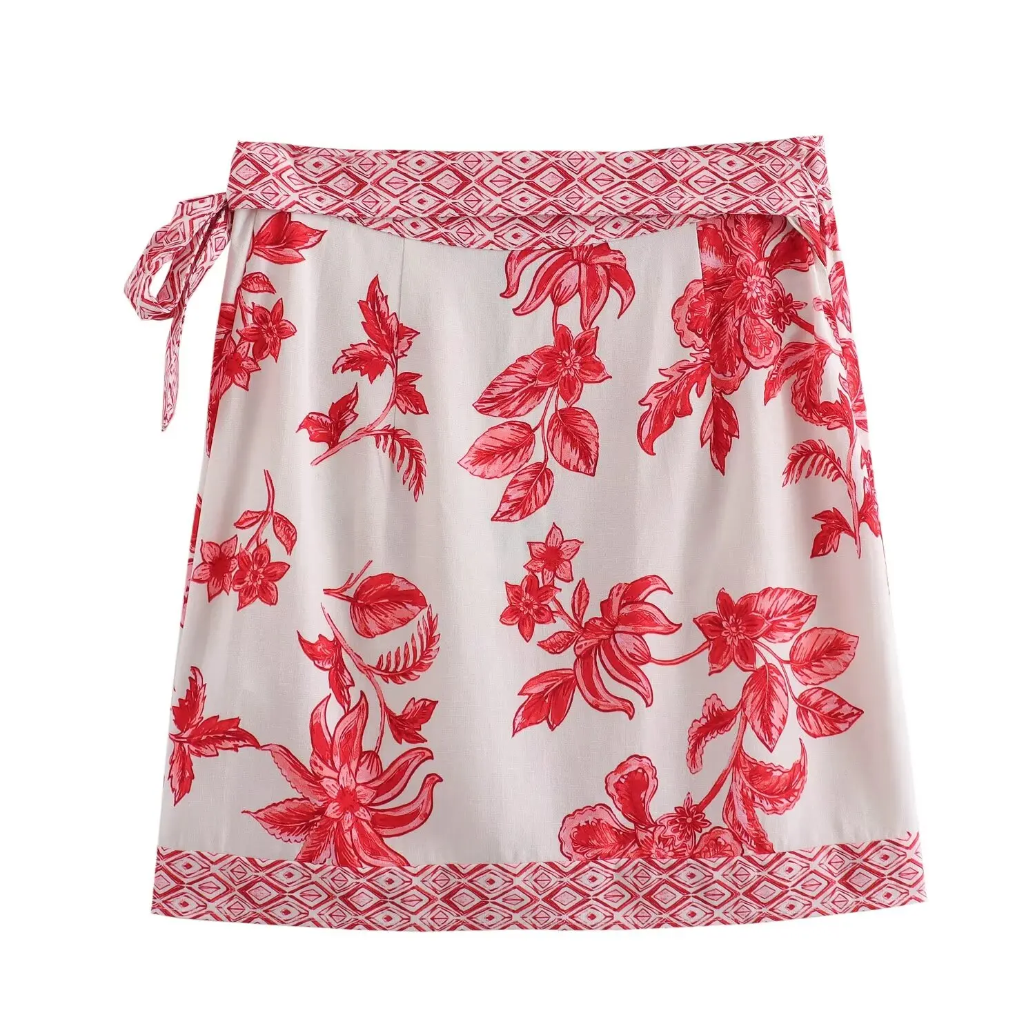 TRAF Red Print Wrap Mini Skirt Women Floral High Waist Women's Skirts Summer Beach Short Skirts for Women Streetwear Woman Skirt