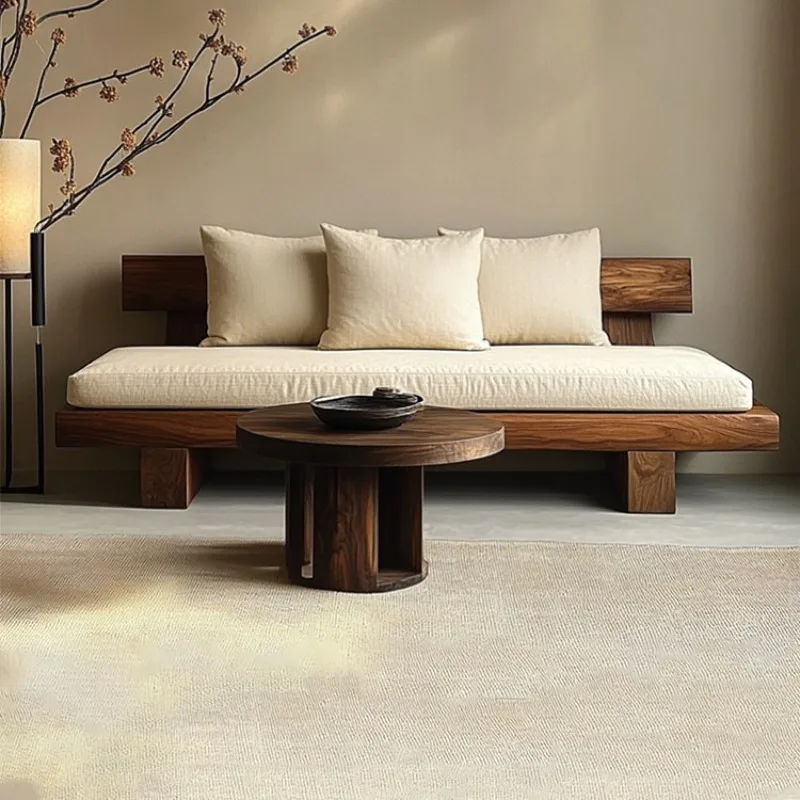 Retro wabi silent wind designer solid wood sofa tea room tea house straight row hotel rest area reception bed and breakfast