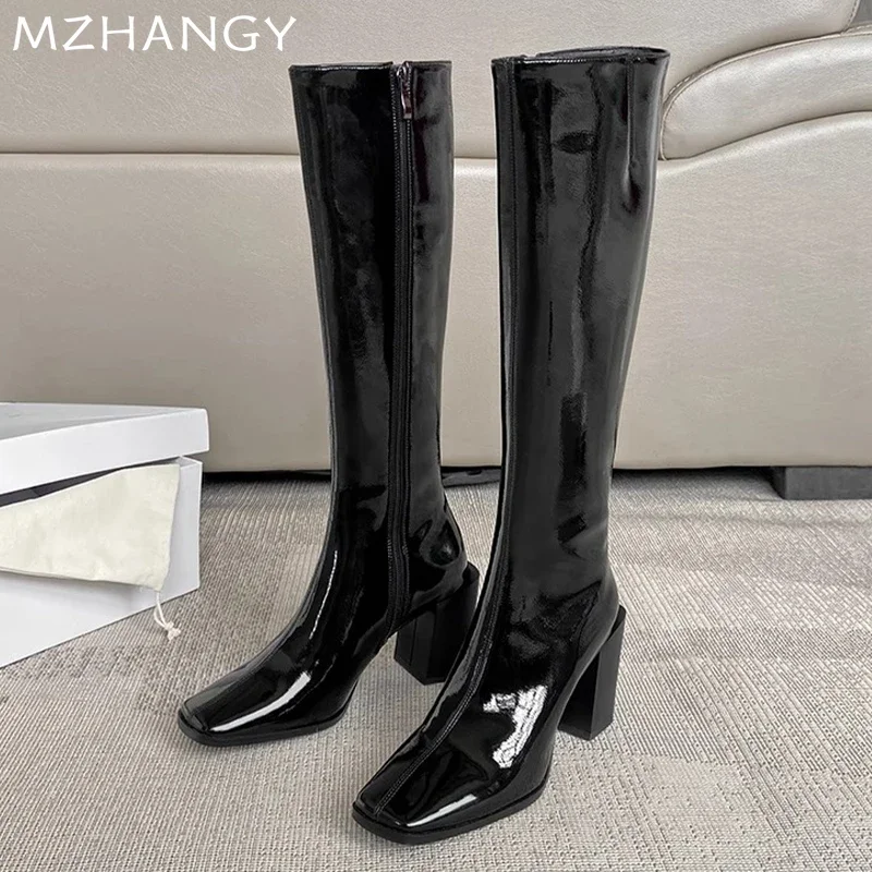 High Heels Women High Boots Leather Square Toe Chunky Shoes 2025 Trend Winter Party Chelsea Boots Pumps Sexy New Mujer Botas