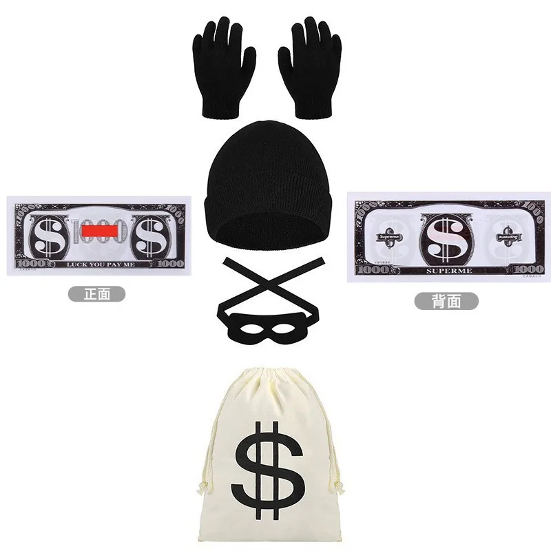 Halloween ladrão terno cos lona saco de dinheiro dólares chapéu de malha luvas máscara de olho maquiagem festa adereços