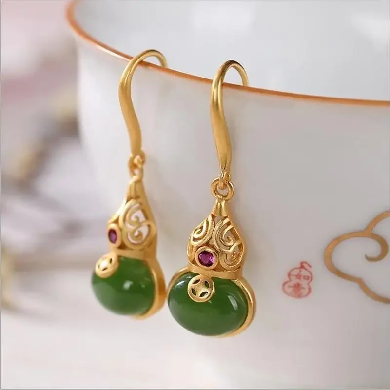 

Silver inlaid natural Hetian Jasper Froude gourd Earrings Chinese retro palace style women's Christmas Halloween Gift