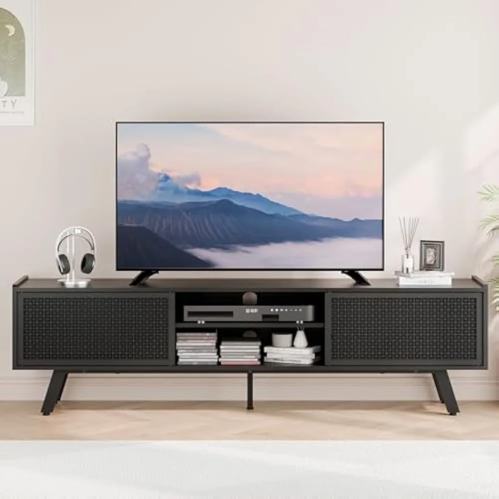 

Black TV Stand for 65 70 Inch TV, Entertainment Center with Storage Cabinets, Iron Sliding Door & Adjustable Shelves, Mid Centur