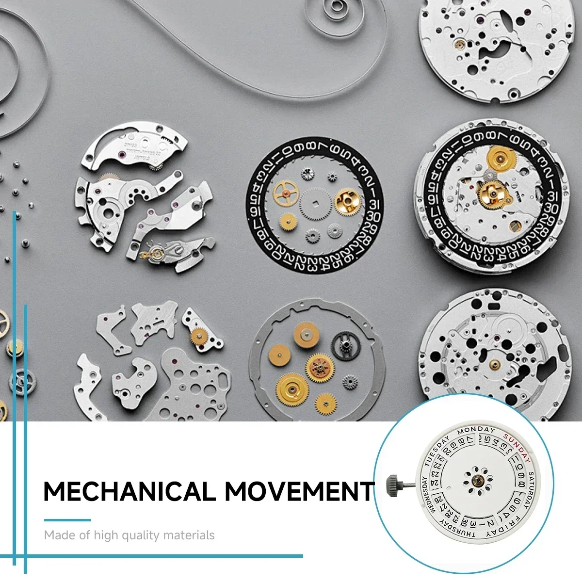 Echtes automatisches mechanisches Miyota 8285-Uhrwerk, Mod-Tag-Datumsuhrwerk mit Woche bei 12:00/Datum bei 3:00 Uhr, 21 Steine