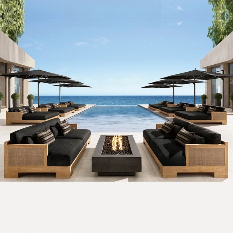 Resistant Teak Rattan Outdoor Sofa Set Aluminum Frame Modular Patio Furniture With Removable Waterproof Cushion For Garden Villa