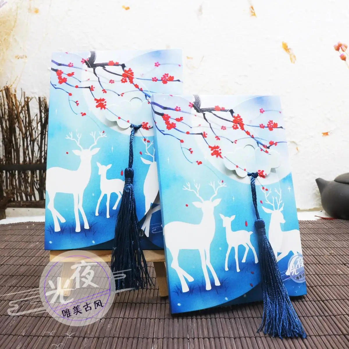 16PCS Watercolor Elk Moon Postcards Set with Tassel Dreamy Forest White Deer Silhouette Print Greeting Cards Stationery Gift