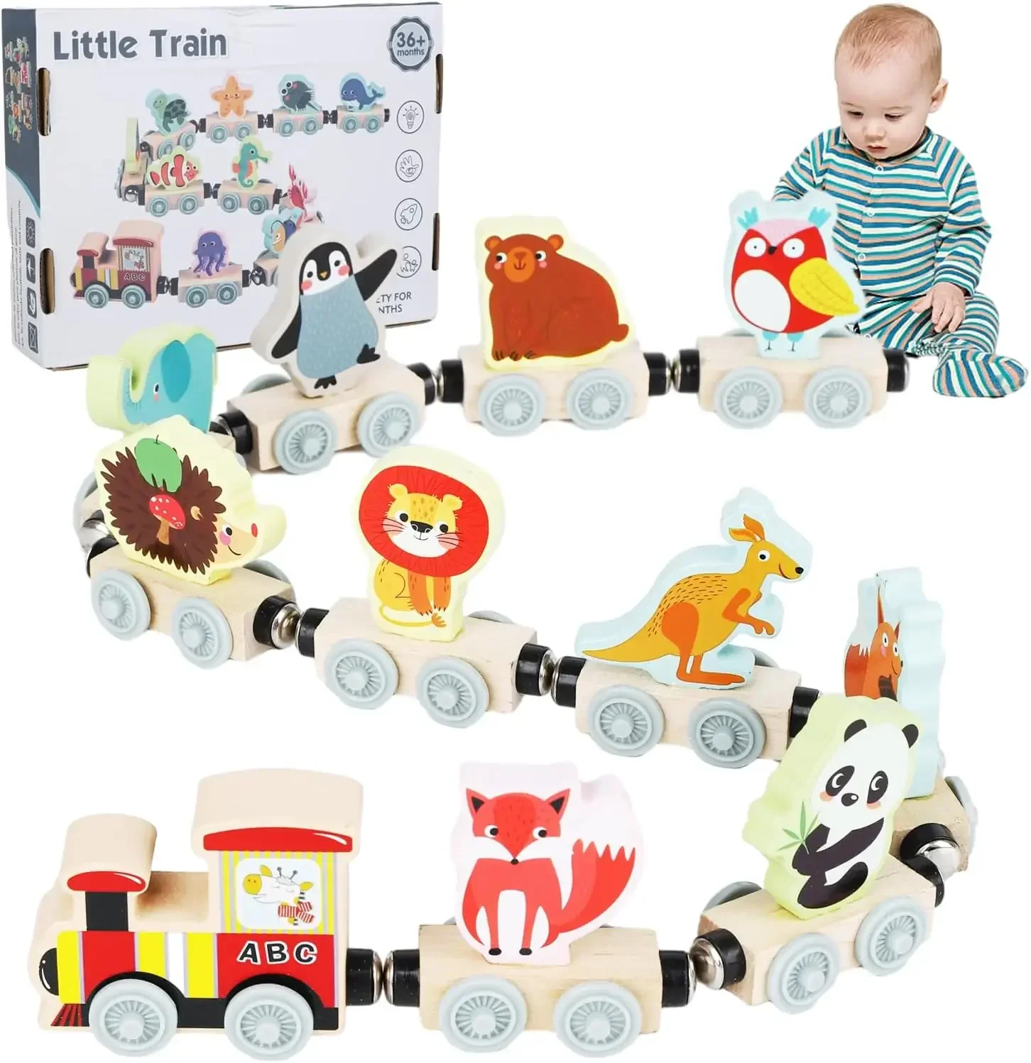 Montessori Magnetic Wooden Train Toys Early Educational Cognition Color Toy Learning Cars Animal Fruits Puzzle Train Set For kid