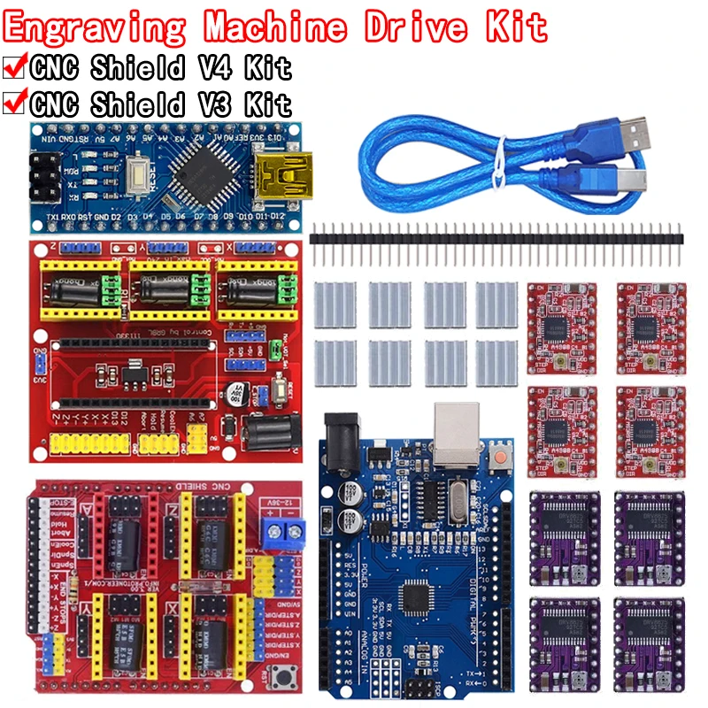 CNC shield v3 V4 Engraving Machine 3D Printe+ 4pcs DRV8825/A4988 Driver Expansion Board For NANO 3.0 / For UNO R3 with USB cable