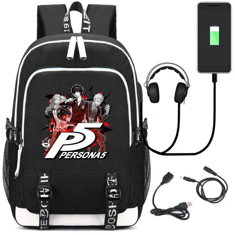 Persona 5 Shin Megami Tense Bag w/USB Fashion Port and Headphone Backpack Bag Casual Travel School Bag Teenager Laptop Bag Gift