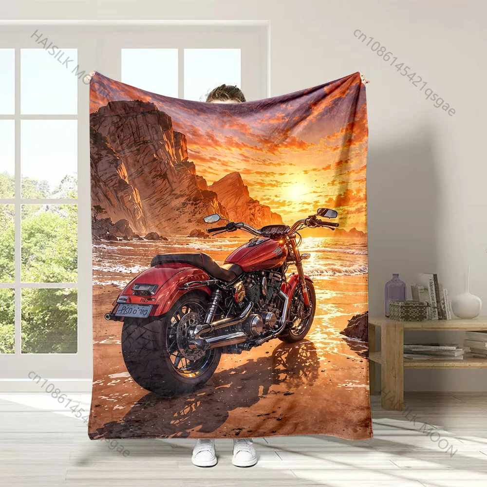 1PC Red Motorcycle Beach Sunset Cliffs Reflections Surf Print Adult Children Warm Blankets Home Travel Car Soft Comfortable