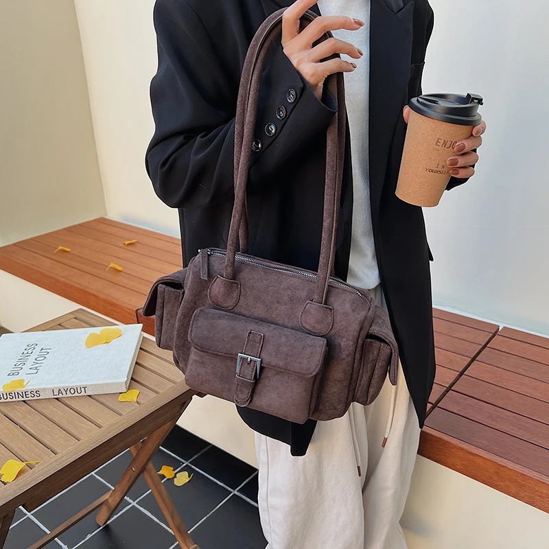 Multi-pockets Mini Shoulder Bags For Women Faux Suede Pure Color Satchels Bag 2025 Autumn New Casual Street Small Square Handbag