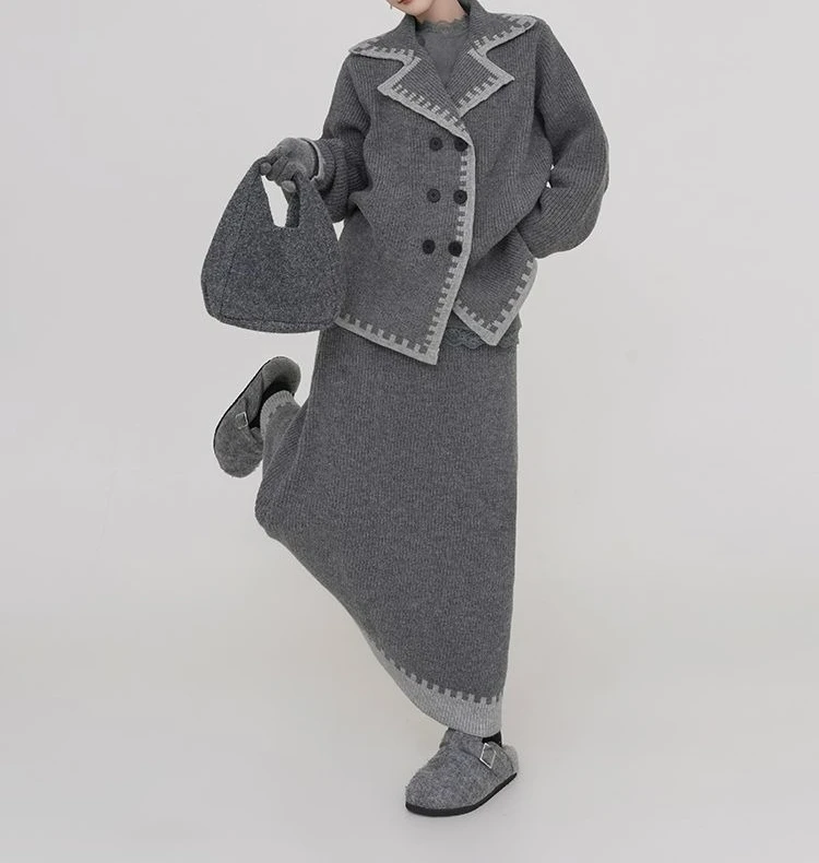 Grey Thick Sweater Set for Women's Autumn and Winter New Loose Knitted Cardigan Half Body Long Skirt Two-piece Set