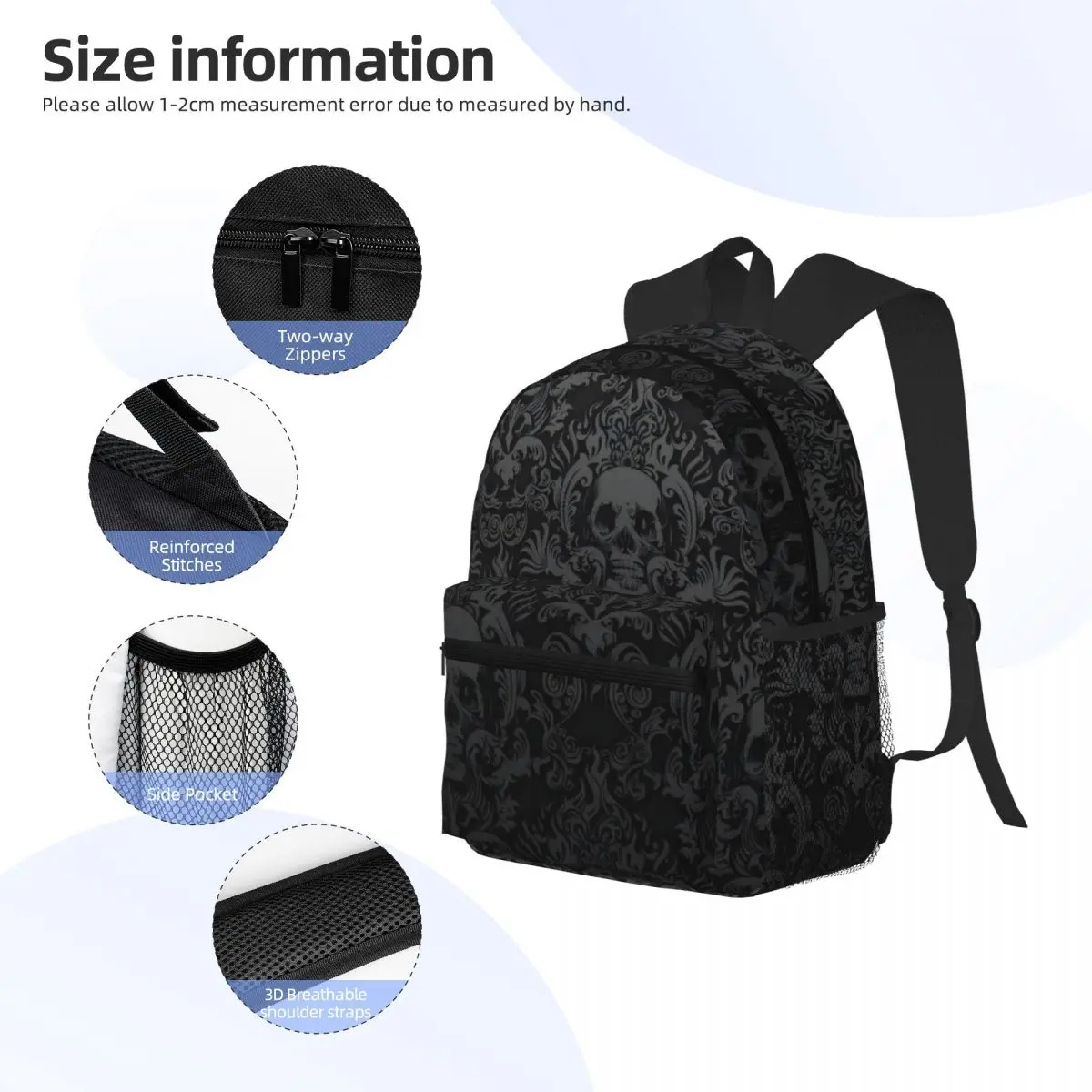 Gothic Black Skull Damask Background Casual Daypack Travel School Bag z kieszeniami dla kobiet College