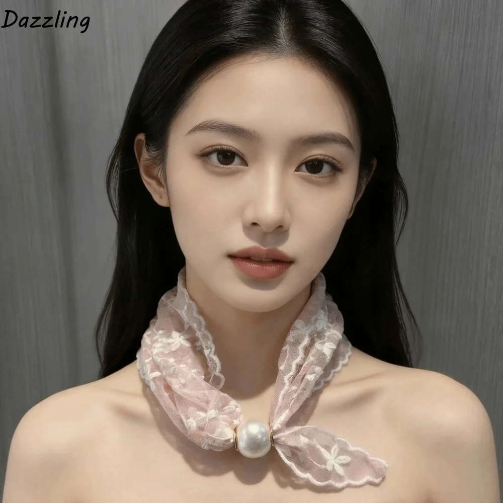 

Snap Closure Magnetic Buckle Lazy Scarf Elegant Adjustable Pearl Lace Neck Scarf Versatile Collarbone Chain Shirt Collar Scarf